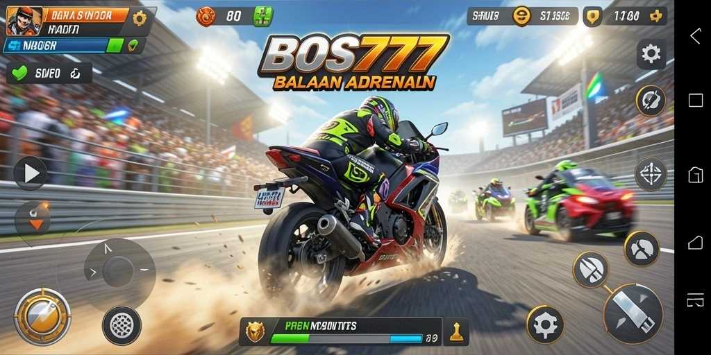 Screenshot utama BOS777 menampilkan aksi balapan motor yang mendebarkan.