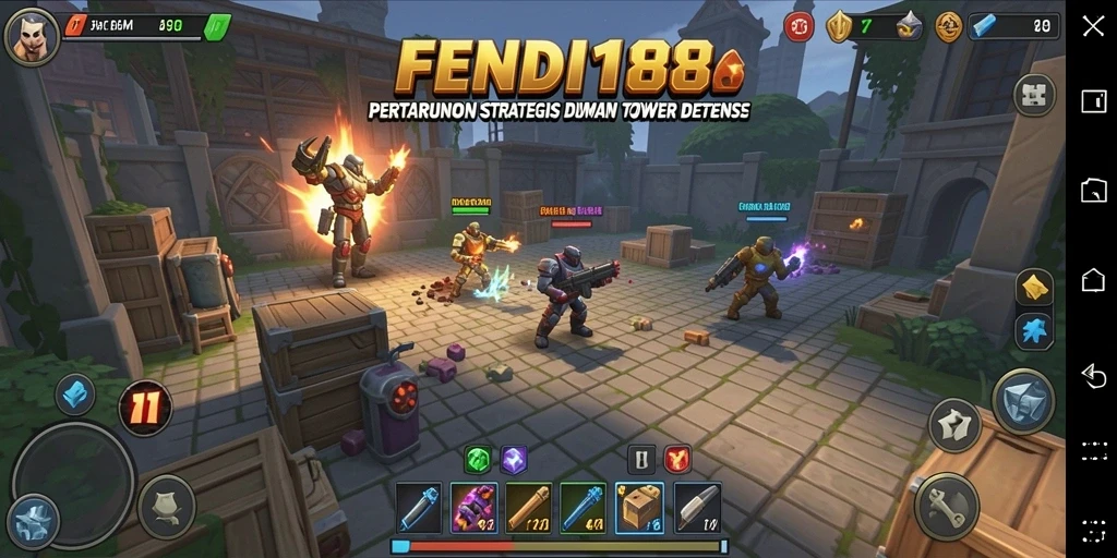 Screenshot gameplay FENDI188 menampilkan pertarungan seru dalam Tower Defense.