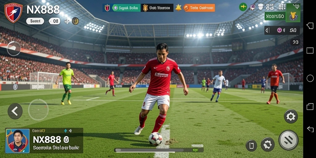 Screenshot gameplay NX888 menampilkan aksi pertandingan sepak bola yang mendebarkan.