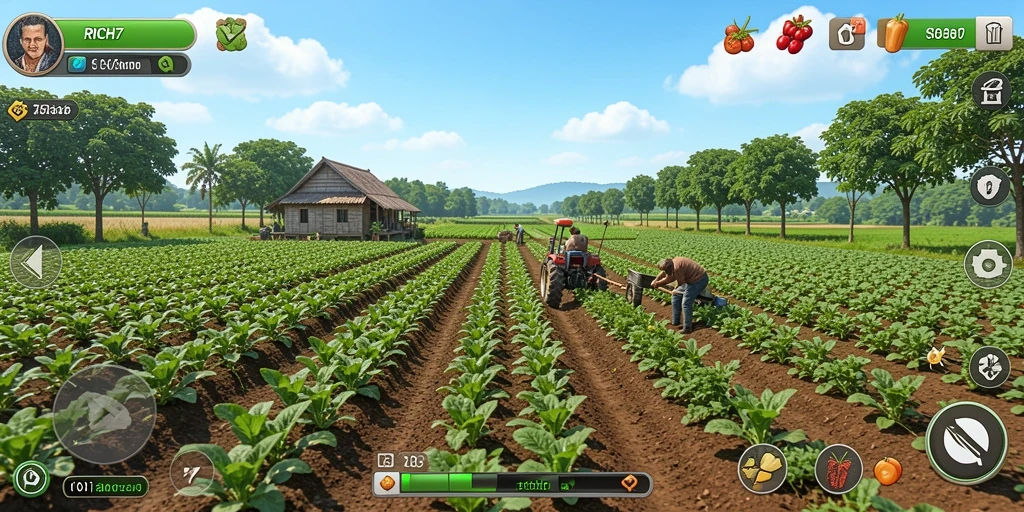 Screenshot gameplay RICH7 menampilkan kegiatan bertani yang seru.