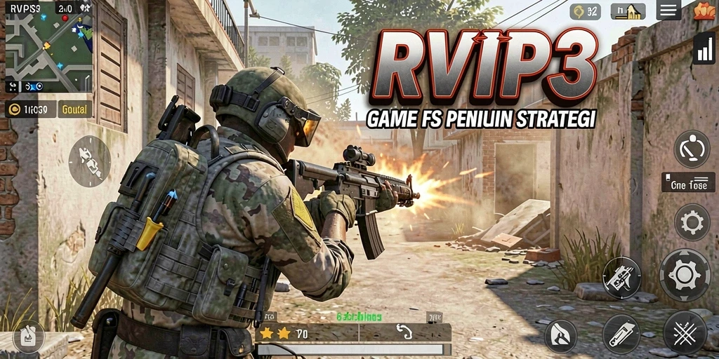 Screenshot gameplay RVIP3 yang menunjukkan aksi tembak-menembak penuh strategi.