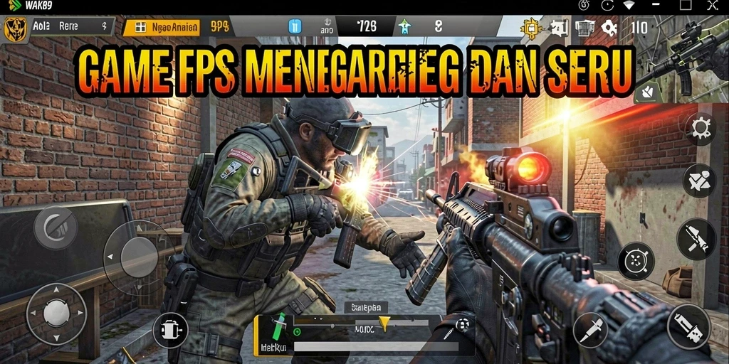 Screenshot menunjukkan aksi intens dalam gameplay FPS WAK89.