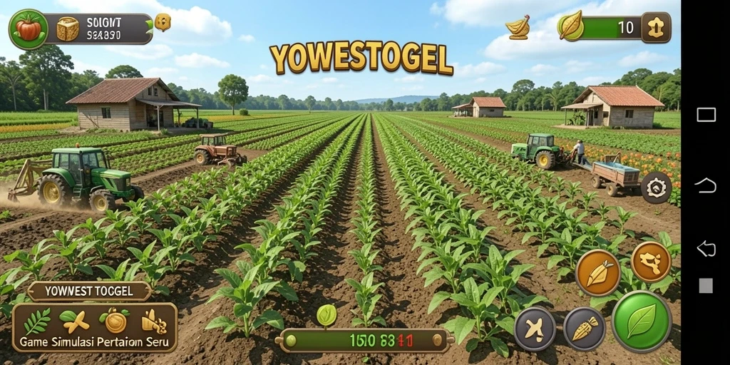 Tampilan gameplay YOWESTOGEL dengan ladang subur dan hewan ternak.